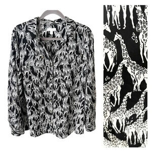 Charter Club Top Women's XL Black & White Giraffe Print Button Down Safari